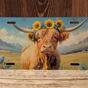 Sunflower Crown Highland Cow License Plate